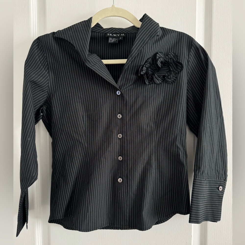 Silk Black striped  Blouse with Flower Embellishment by Tracy M.  Size SMALL